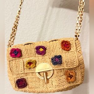 Vanessa Bruno Beige Crochet Shoulder Bag with Multicolor Flower Motifs